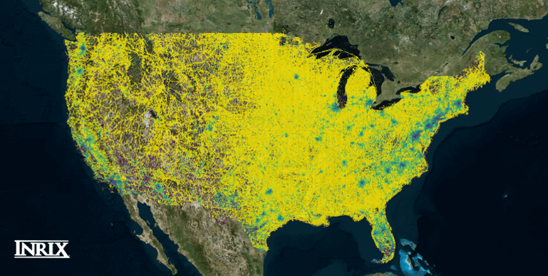 A satellite image of the United States. There are large areas shaded yellow to depict traffic hot spots.
