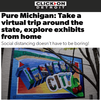 A piece of media coverage from ClickOn Detroit about the Pure Michigan campaign. There is an image of colorful graffiti on a wall.