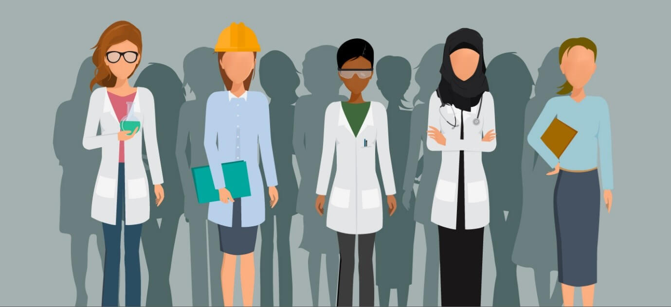 Graphic image of 5 women scientists in a line. They are a mixture of ethnicities.