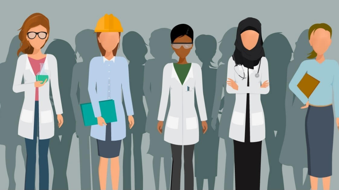 Graphic image of 5 women scientists in a line. They are a mixture of ethnicities.