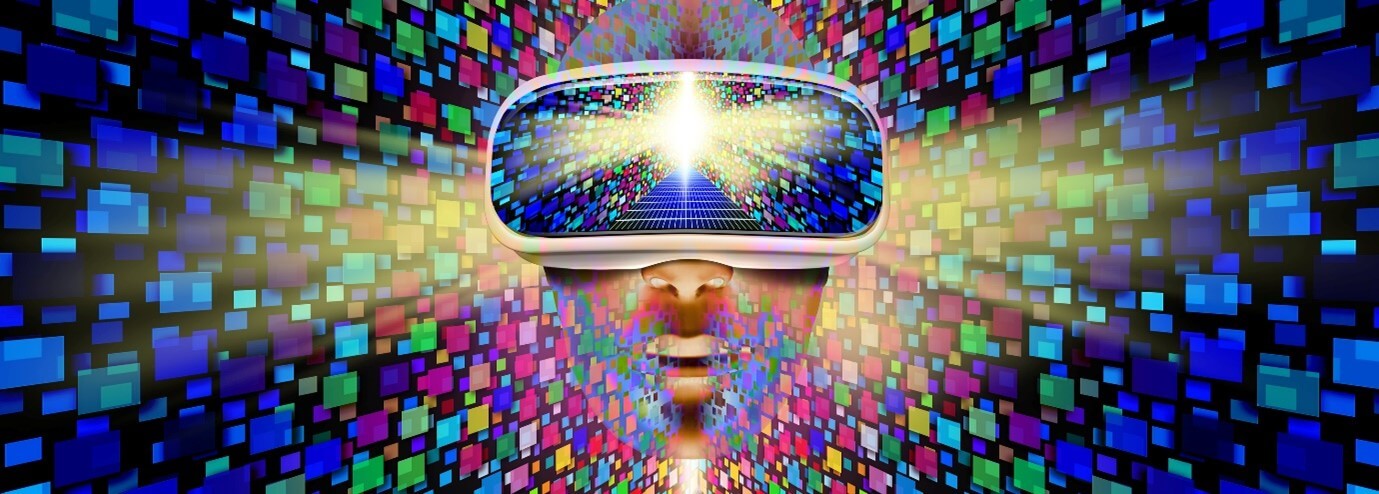 A graphic picture of a face with VR headset surrounded by coloured blocks and pixels.
