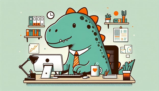 Dessin humoristique d'un dinosaure dans un bureau, assis à une table, portant une cravate et regardant l'écran de son ordinateur.